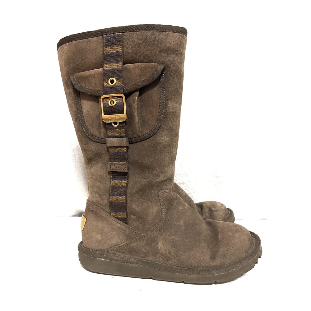 UGG Boot Women 6 Brown Leather Retro Cargo 1895 Tall Side Zip Pocket Sheepskin